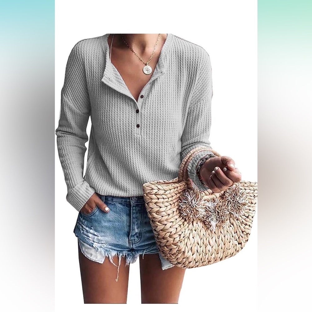 Amazon Womens Henley Shirt V Neck Long Sleeve Button Down Top Waffle Knit Large